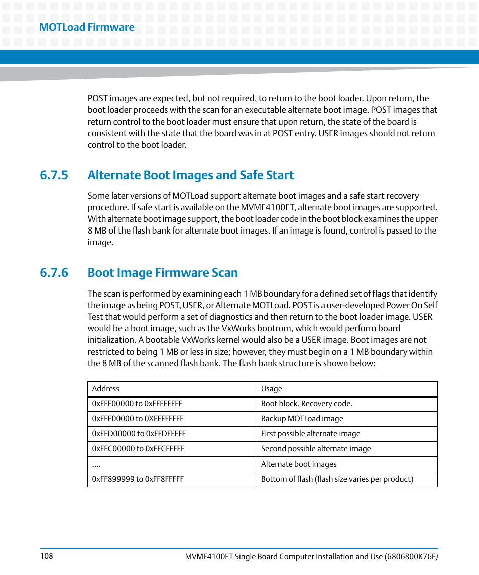 5 alternate boot images and safe start, 6 boot image firmware scan, Motload firmware | Artesyn MVME4100ET Single Board Computer Installation and Use (June 2014) User Manual | Page 108 / 132