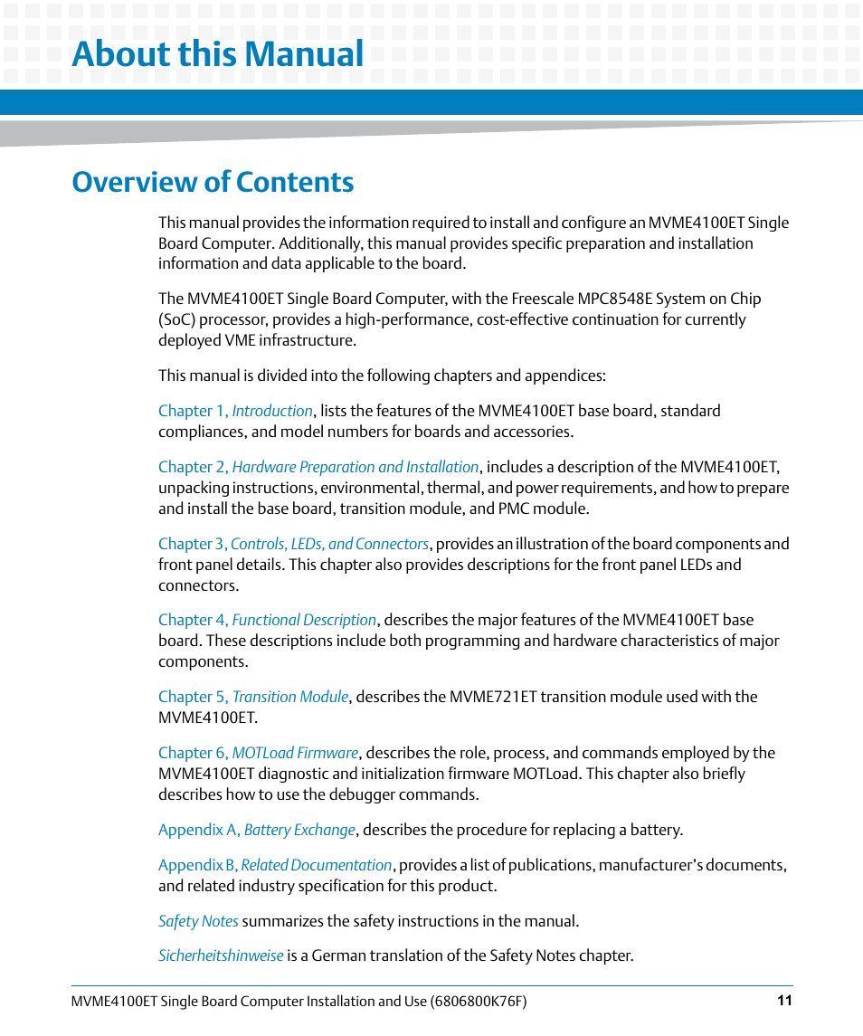 About this manual, Overview of contents | Artesyn MVME4100ET Single Board Computer Installation and Use (June 2014) User Manual | Page 11 / 132