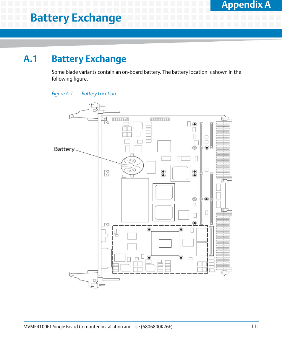 A battery exchange, A.1 battery exchange, Figure a-1 | Battery location, Appendix a, battery exchange, Battery exchange, Appendix a | Artesyn MVME4100ET Single Board Computer Installation and Use (June 2014) User Manual | Page 111 / 132