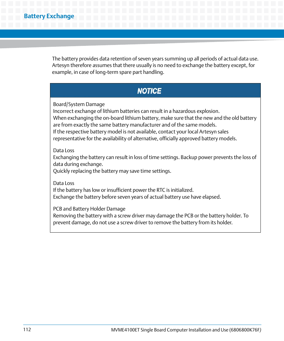 Battery exchange | Artesyn MVME4100ET Single Board Computer Installation and Use (June 2014) User Manual | Page 112 / 132