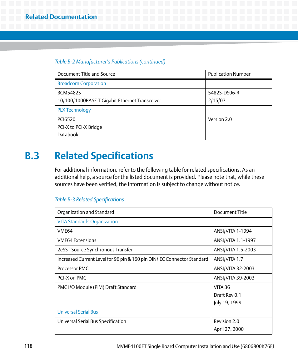 B.3 related specifications, Table b-3, Related specifications | Related documentation | Artesyn MVME4100ET Single Board Computer Installation and Use (June 2014) User Manual | Page 118 / 132