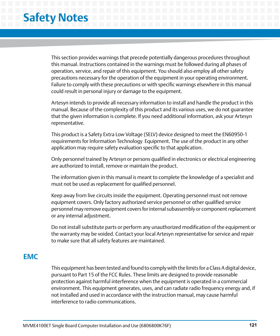 Safety notes | Artesyn MVME4100ET Single Board Computer Installation and Use (June 2014) User Manual | Page 121 / 132