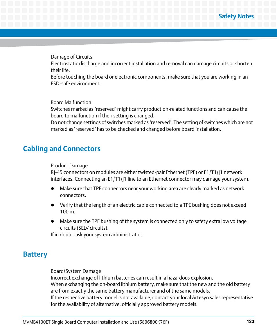 Cabling and connectors, Battery | Artesyn MVME4100ET Single Board Computer Installation and Use (June 2014) User Manual | Page 123 / 132