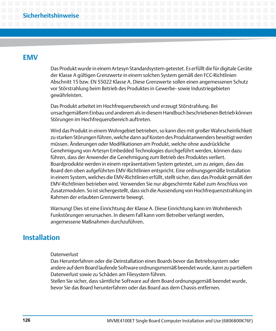 Installation | Artesyn MVME4100ET Single Board Computer Installation and Use (June 2014) User Manual | Page 126 / 132