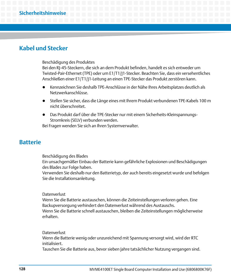 Kabel und stecker, Batterie, Sicherheitshinweise | Artesyn MVME4100ET Single Board Computer Installation and Use (June 2014) User Manual | Page 128 / 132