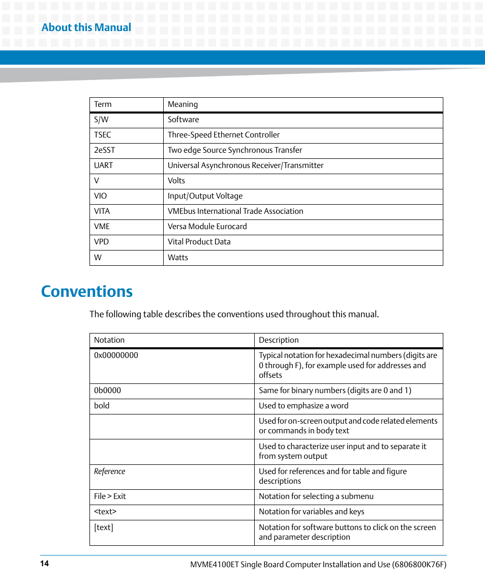 Conventions, About this manual | Artesyn MVME4100ET Single Board Computer Installation and Use (June 2014) User Manual | Page 14 / 132