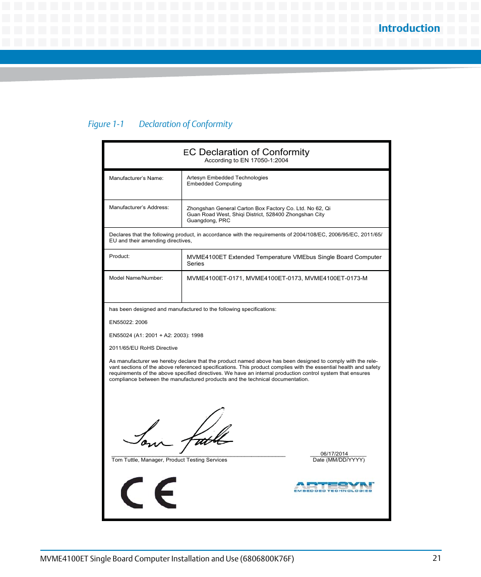 Figure 1-1, Declaration of conformity, Introduction | C declaration of conformity, Figure 1-1 declaration of conformity | Artesyn MVME4100ET Single Board Computer Installation and Use (June 2014) User Manual | Page 21 / 132