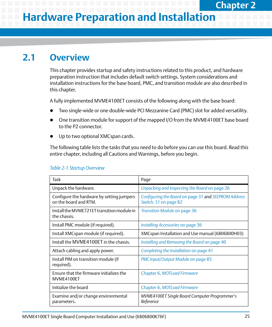 Hardware preparation and installation, 1 overview, Table 2-1 | Startup overview, Chapter 2, hardware preparation and installation, Chapter 2 | Artesyn MVME4100ET Single Board Computer Installation and Use (June 2014) User Manual | Page 25 / 132