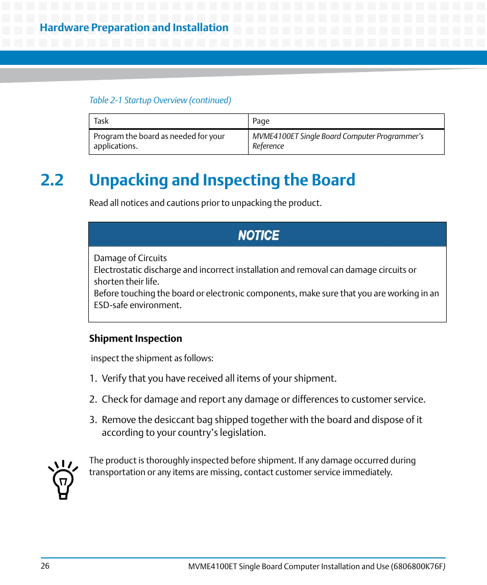 2 unpacking and inspecting the board, Unpacking and inspecting the board | Artesyn MVME4100ET Single Board Computer Installation and Use (June 2014) User Manual | Page 26 / 132