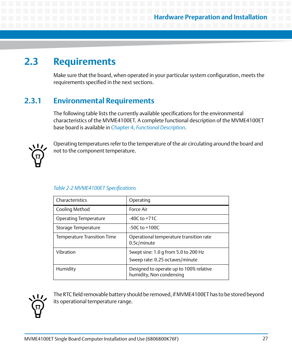 3 requirements, 1 environmental requirements, Table 2-2 | Mvme4100et specifications, Hardware preparation and installation | Artesyn MVME4100ET Single Board Computer Installation and Use (June 2014) User Manual | Page 27 / 132