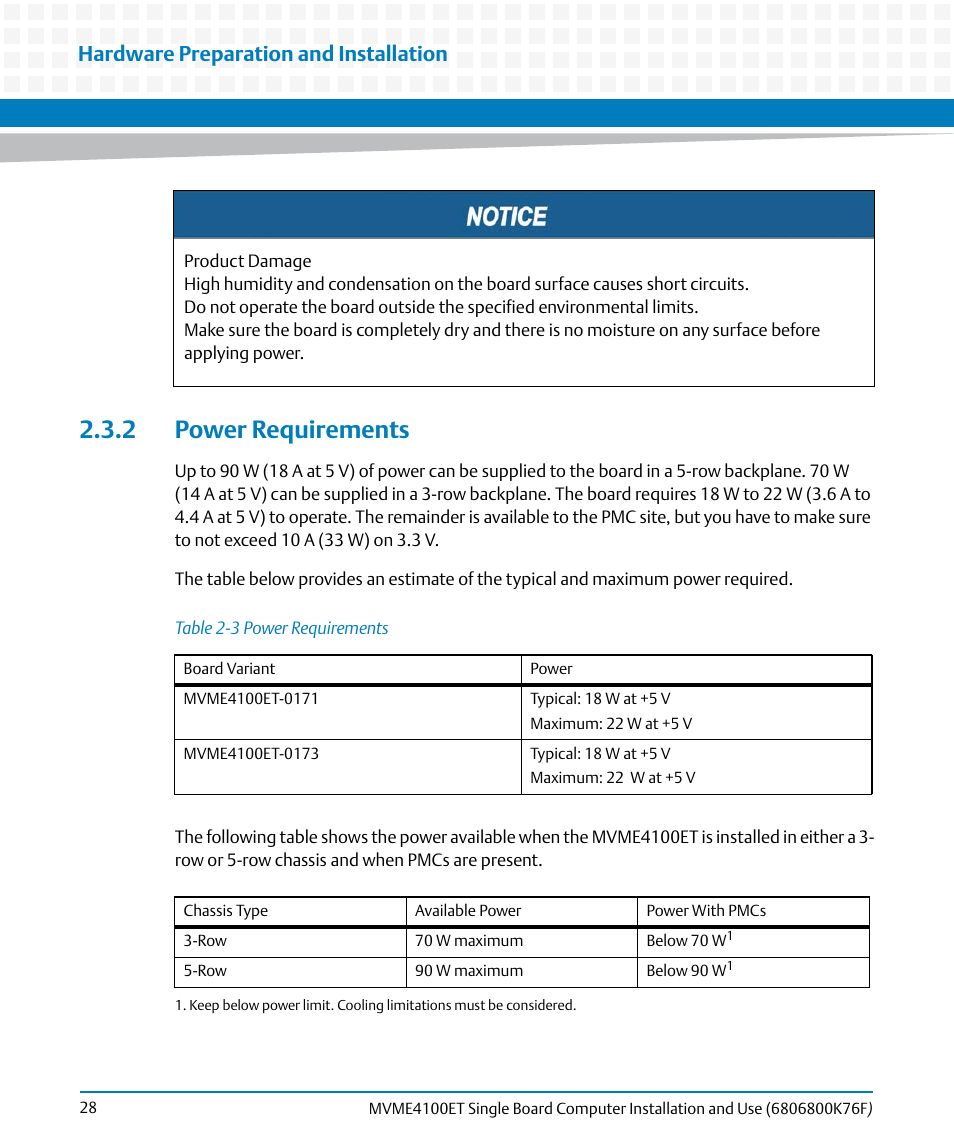 2 power requirements, Table 2-3, Power requirements | Hardware preparation and installation | Artesyn MVME4100ET Single Board Computer Installation and Use (June 2014) User Manual | Page 28 / 132