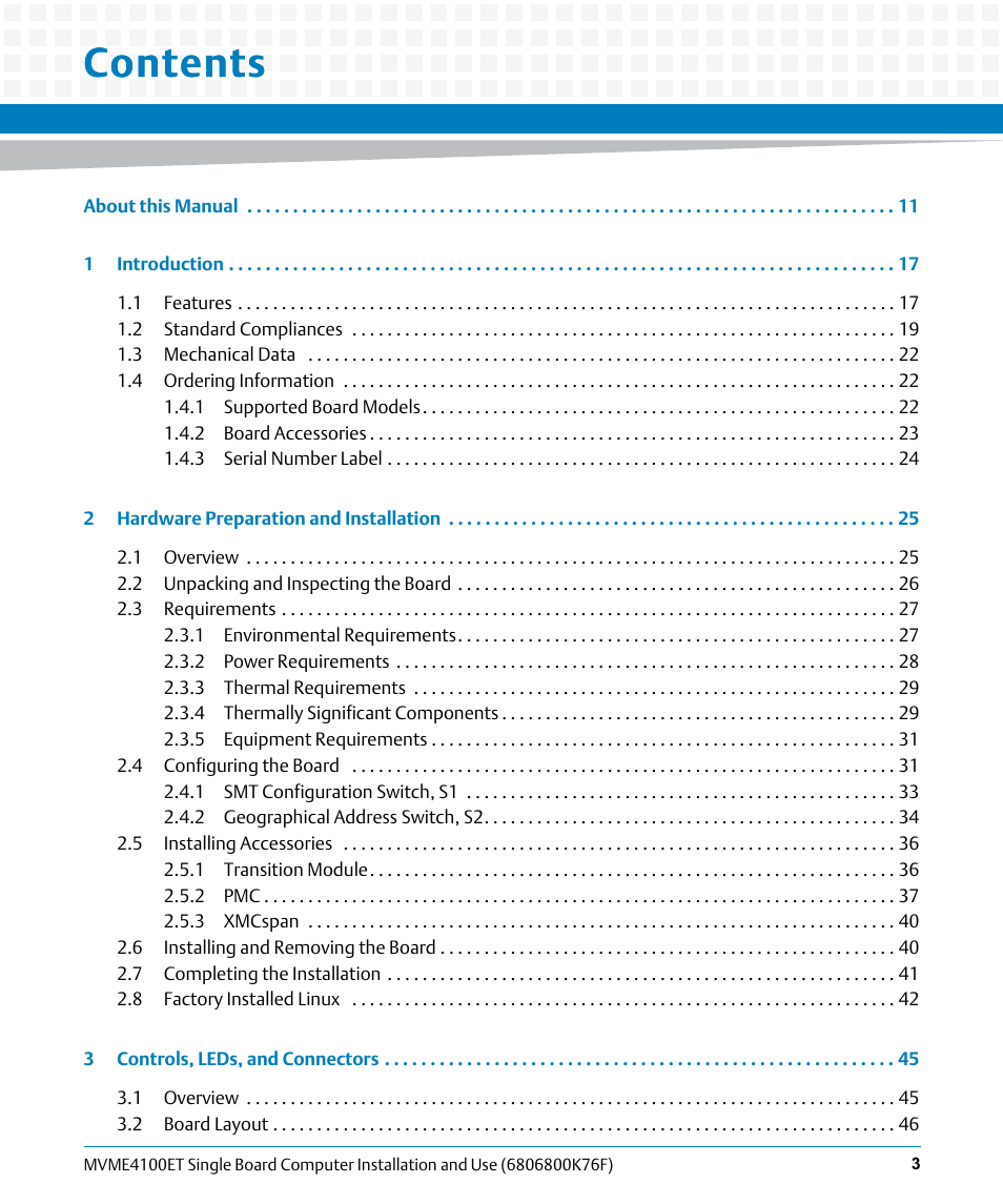 Artesyn MVME4100ET Single Board Computer Installation and Use (June 2014) User Manual | Page 3 / 132