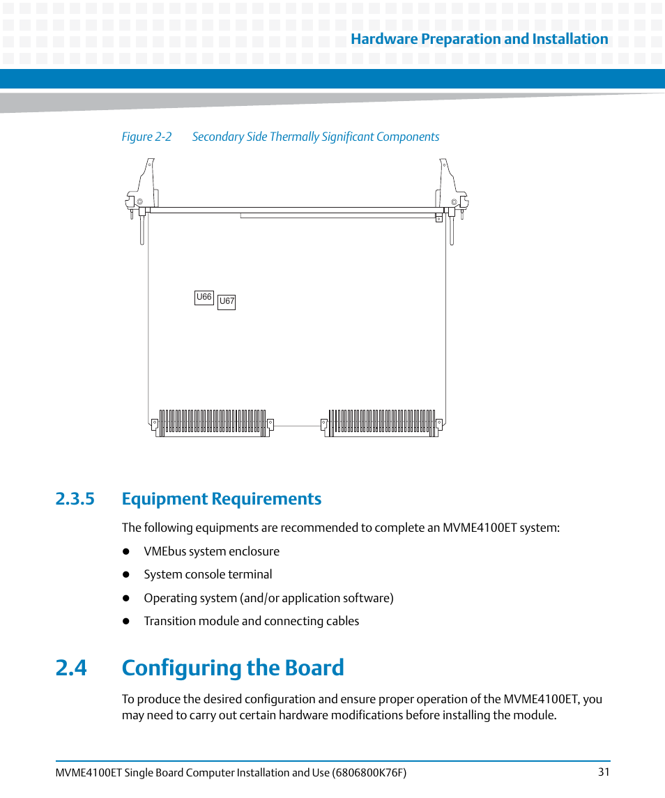 5 equipment requirements, 4 configuring the board, Figure 2-2 | Secondary side thermally significant components, Configuring the board | Artesyn MVME4100ET Single Board Computer Installation and Use (June 2014) User Manual | Page 31 / 132