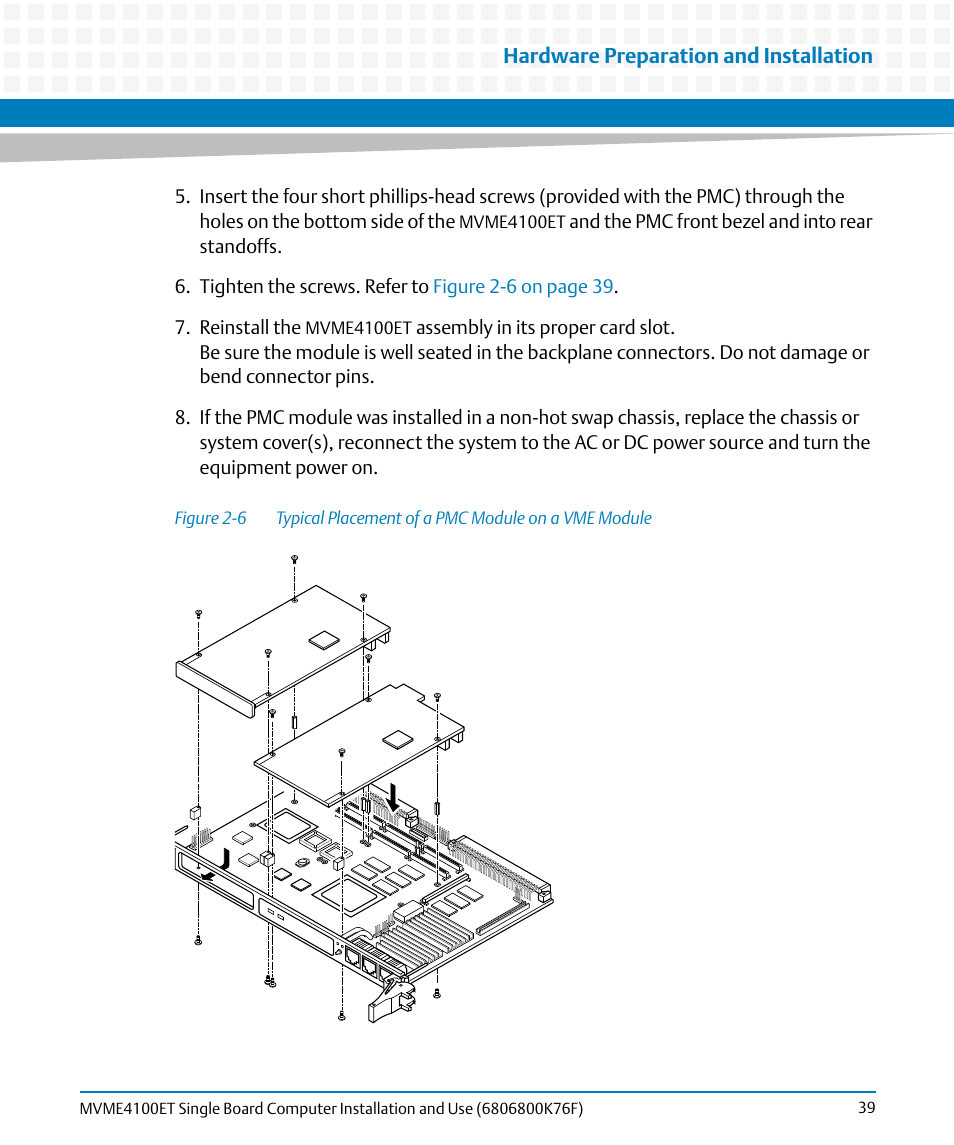 Figure 2-6, Typical placement of a pmc module on a vme module | Artesyn MVME4100ET Single Board Computer Installation and Use (June 2014) User Manual | Page 39 / 132