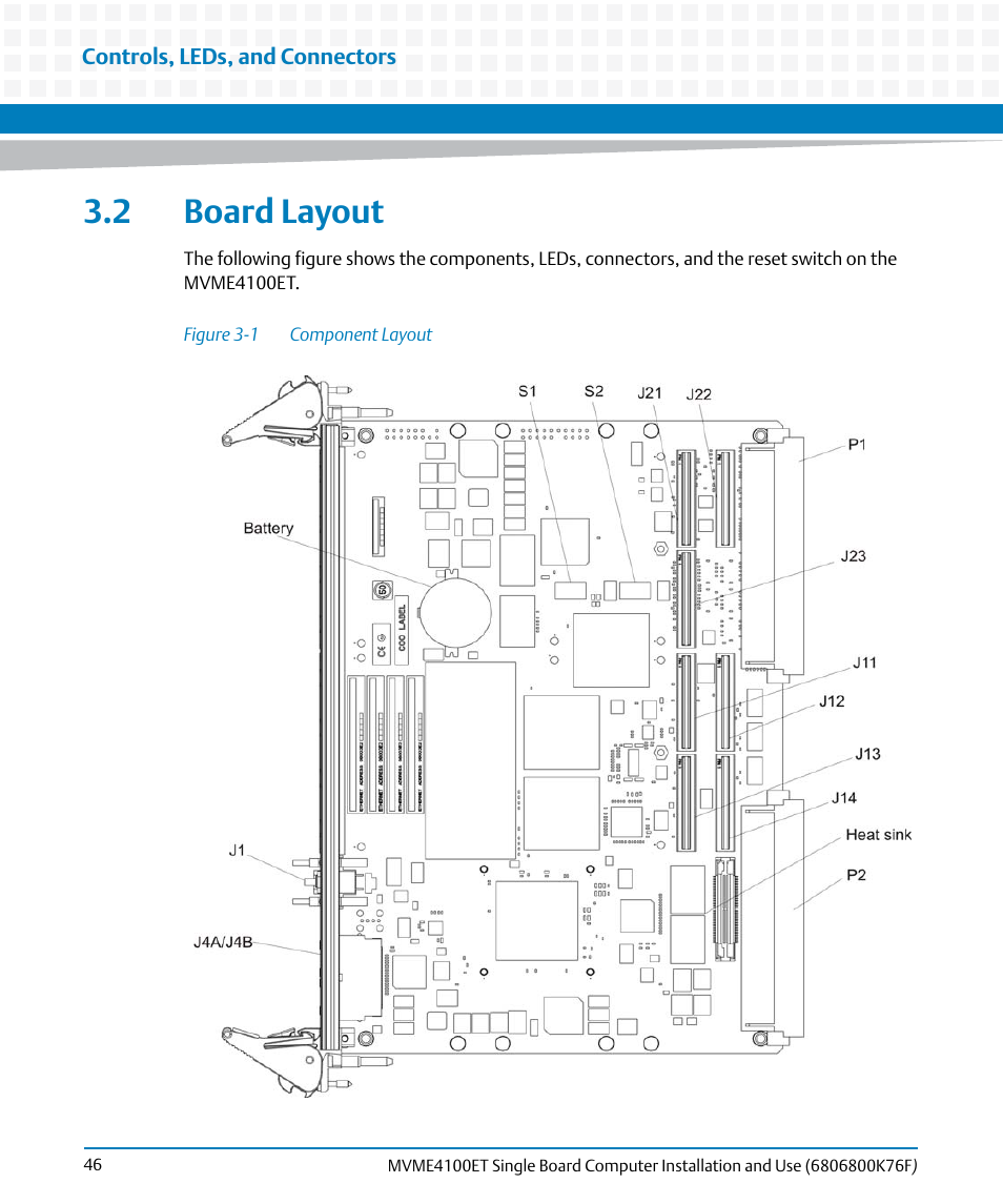 2 board layout, Figure 3-1, Component layout | Artesyn MVME4100ET Single Board Computer Installation and Use (June 2014) User Manual | Page 46 / 132