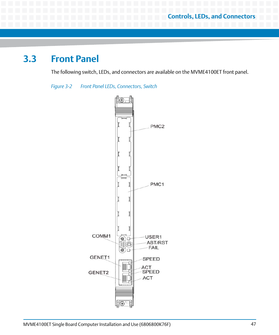 3 front panel, Figure 3-2, Front panel leds, connectors, switch | Artesyn MVME4100ET Single Board Computer Installation and Use (June 2014) User Manual | Page 47 / 132