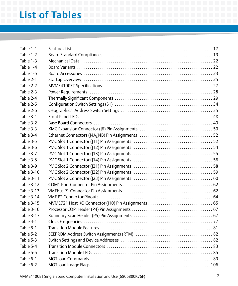 List of tables | Artesyn MVME4100ET Single Board Computer Installation and Use (June 2014) User Manual | Page 7 / 132