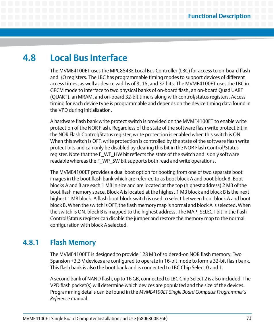 8 local bus interface, 1 flash memory | Artesyn MVME4100ET Single Board Computer Installation and Use (June 2014) User Manual | Page 73 / 132