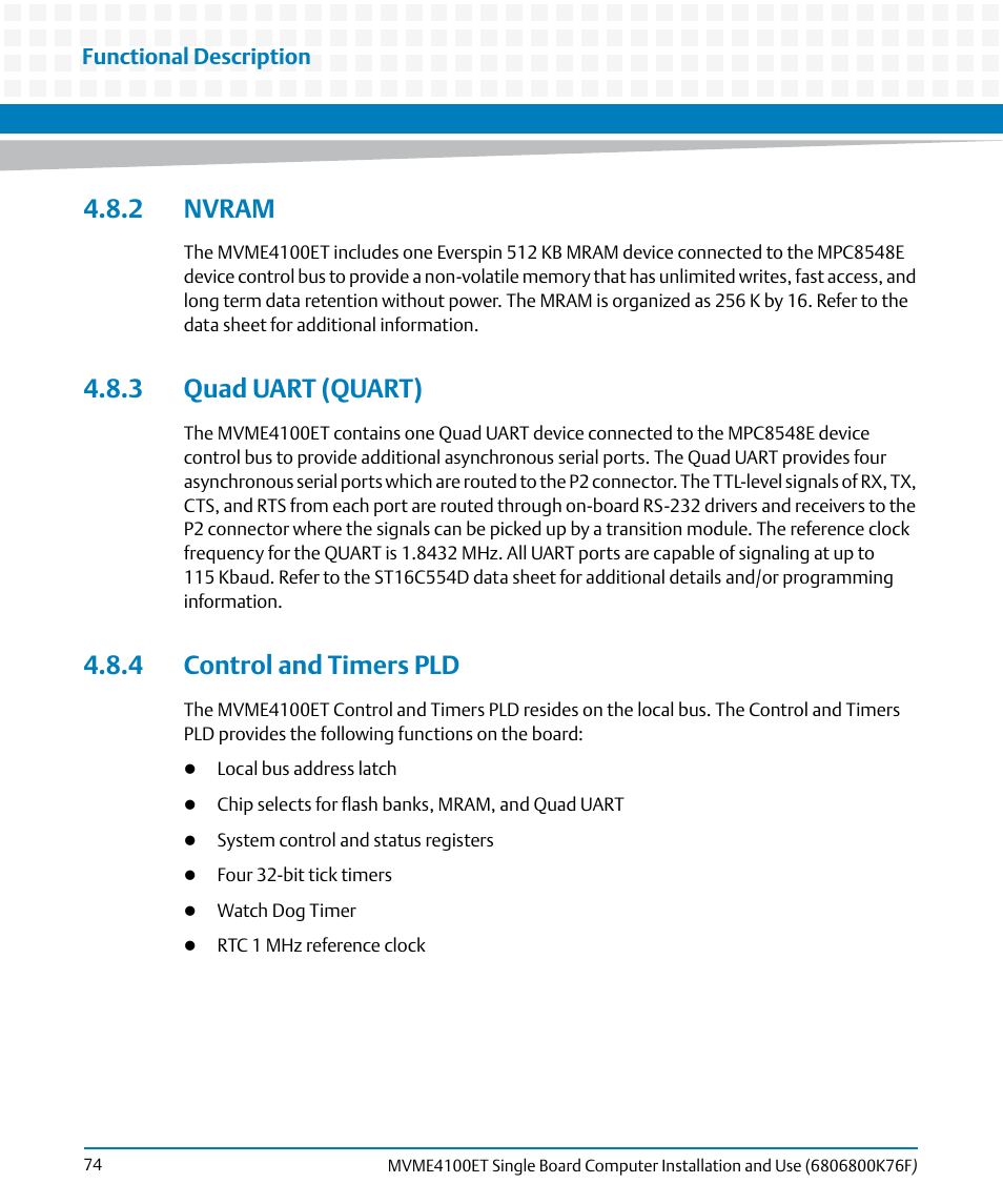 2 nvram, 3 quad uart (quart), 4 control and timers pld | Artesyn MVME4100ET Single Board Computer Installation and Use (June 2014) User Manual | Page 74 / 132