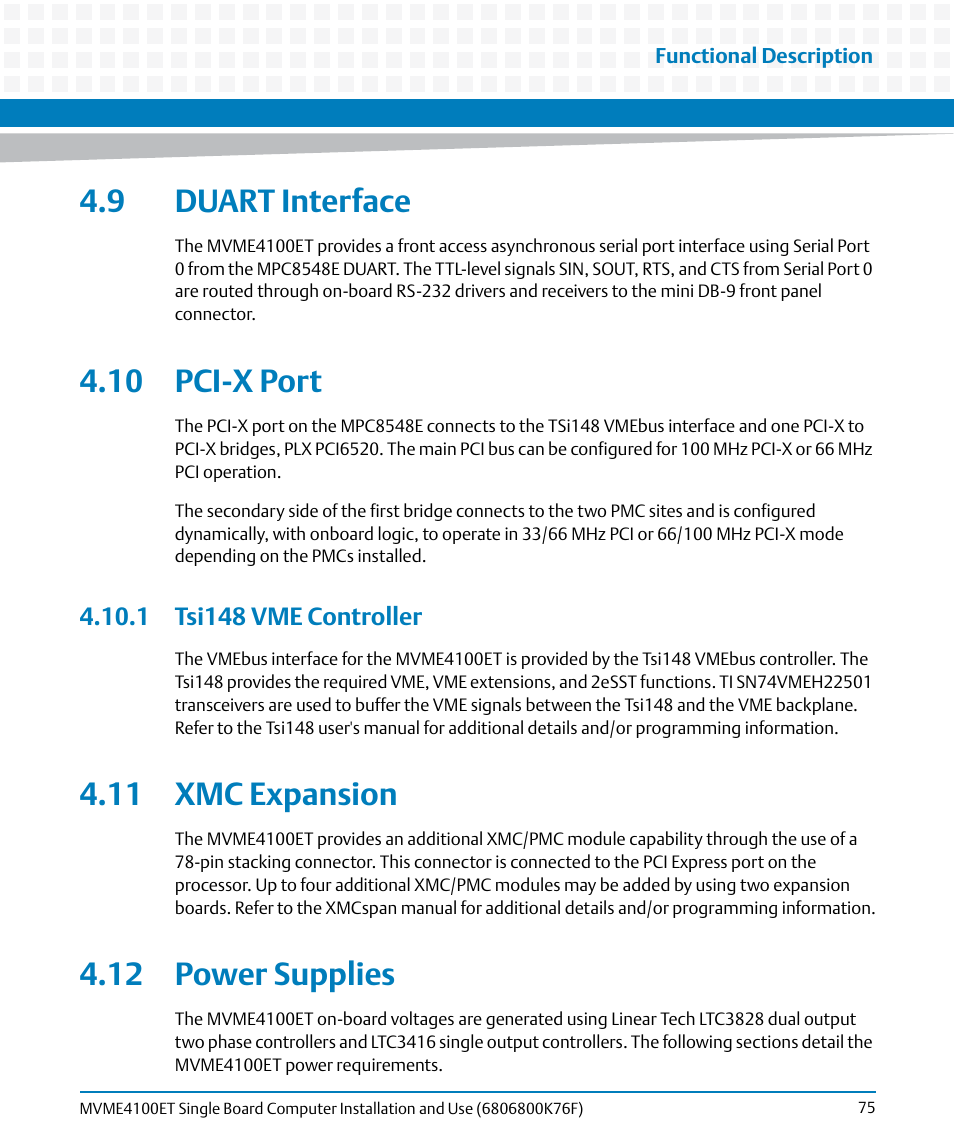 9 duart interface, 10 pci-x port, 1 tsi148 vme controller | 11 xmc expansion, 12 power supplies, 9 duart interface 4.10 pci-x port, 11 xmc expansion 4.12 power supplies | Artesyn MVME4100ET Single Board Computer Installation and Use (June 2014) User Manual | Page 75 / 132