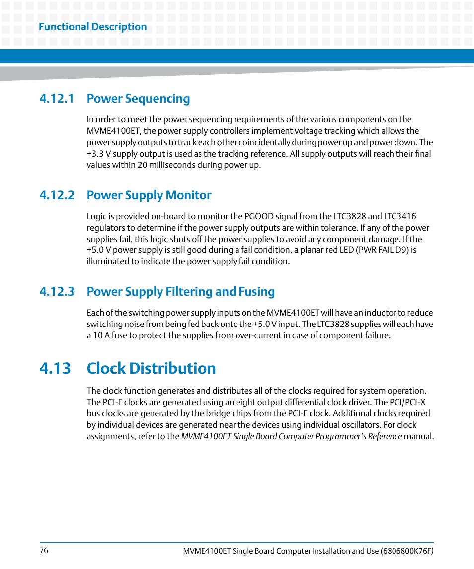 1 power sequencing, 2 power supply monitor, 3 power supply filtering and fusing | 13 clock distribution, 1 power sequencing 4.12.2 power supply monitor | Artesyn MVME4100ET Single Board Computer Installation and Use (June 2014) User Manual | Page 76 / 132