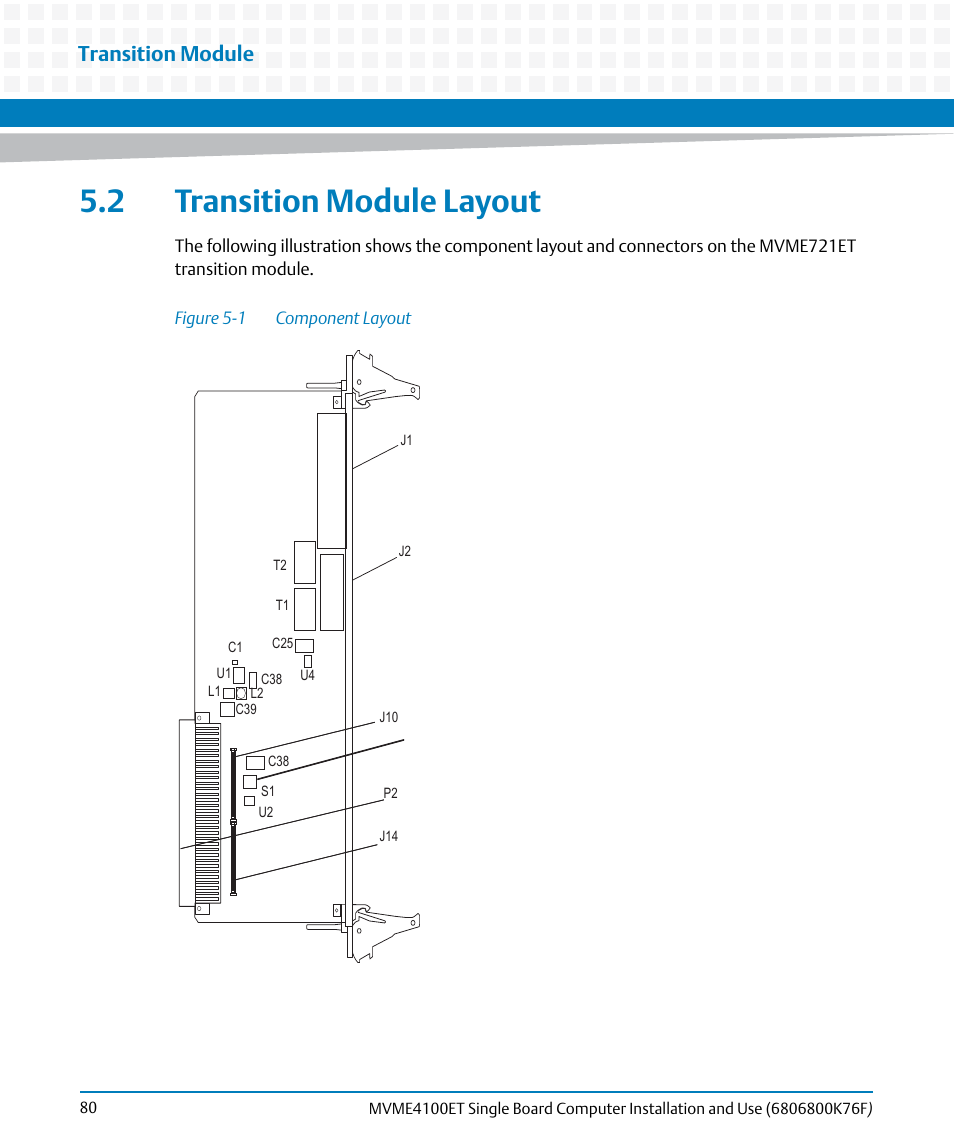 2 transition module layout, Figure 5-1, Component layout | Transition module | Artesyn MVME4100ET Single Board Computer Installation and Use (June 2014) User Manual | Page 80 / 132