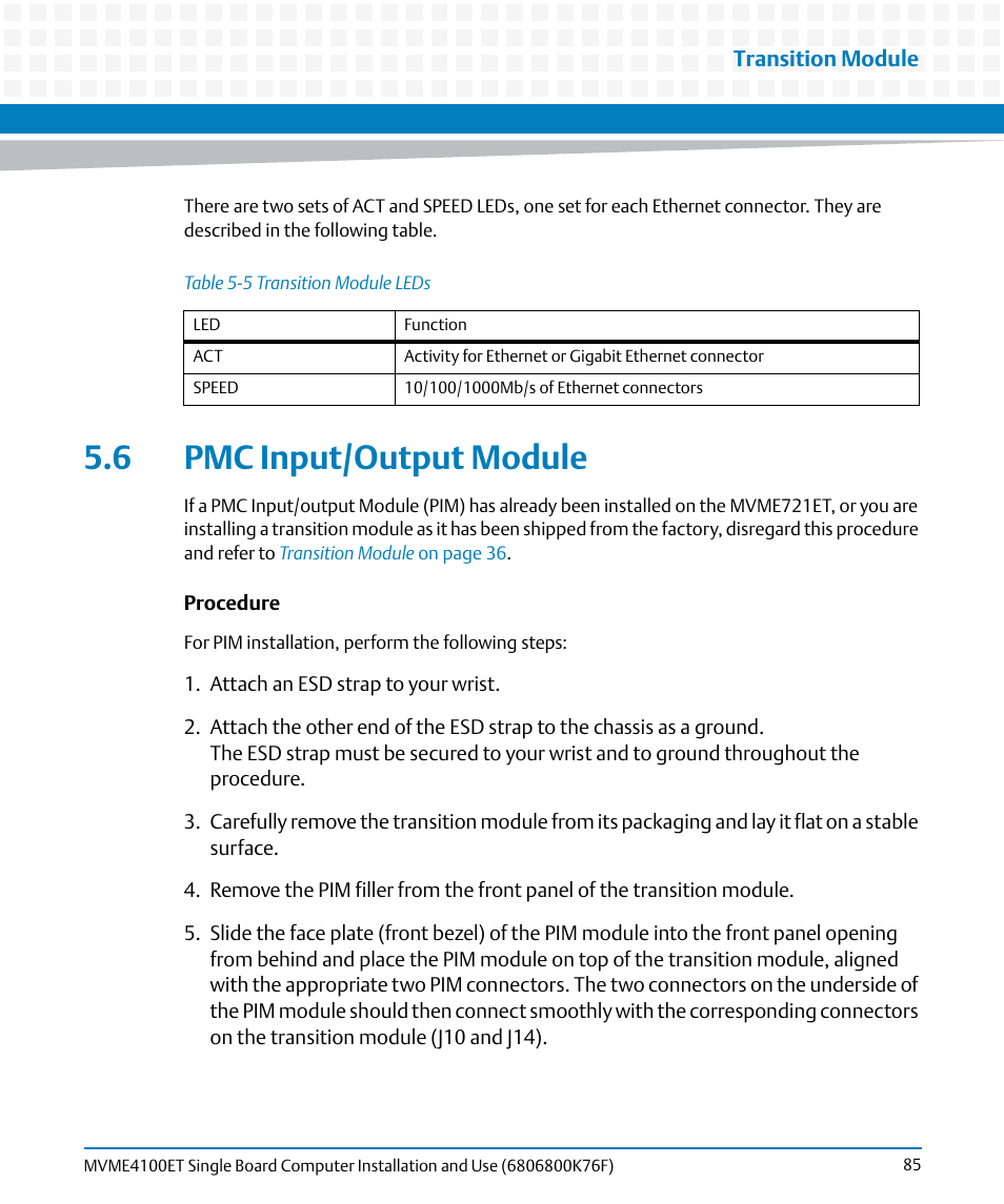 6 pmc input/output module, Table 5-5, Transition module leds | Pmc input/output module | Artesyn MVME4100ET Single Board Computer Installation and Use (June 2014) User Manual | Page 85 / 132