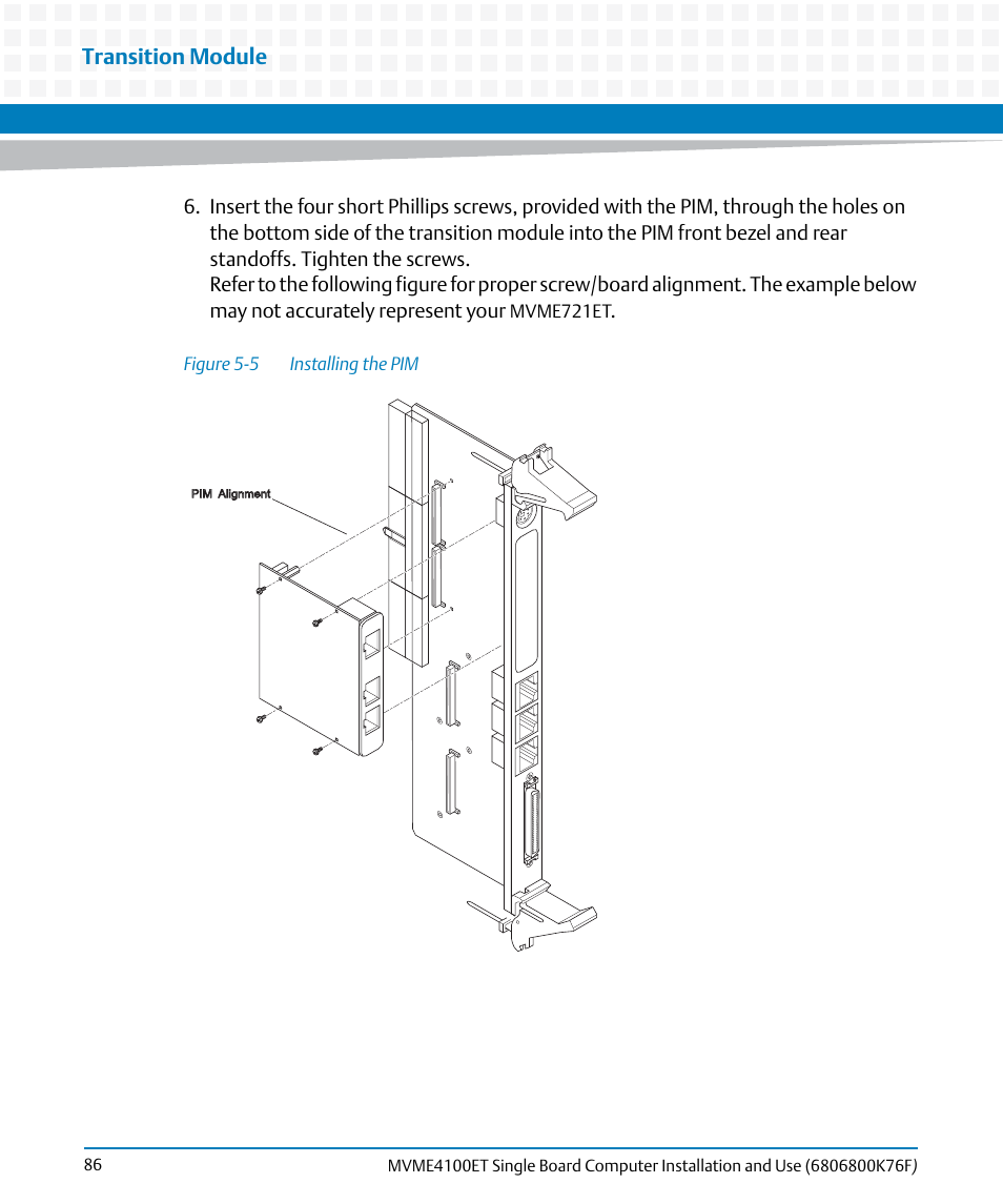 Figure 5-5, Installing the pim, Transition module | Artesyn MVME4100ET Single Board Computer Installation and Use (June 2014) User Manual | Page 86 / 132