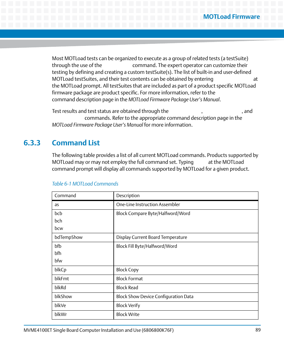 3 command list, Table 6-1, Motload commands | Motload firmware | Artesyn MVME4100ET Single Board Computer Installation and Use (June 2014) User Manual | Page 89 / 132