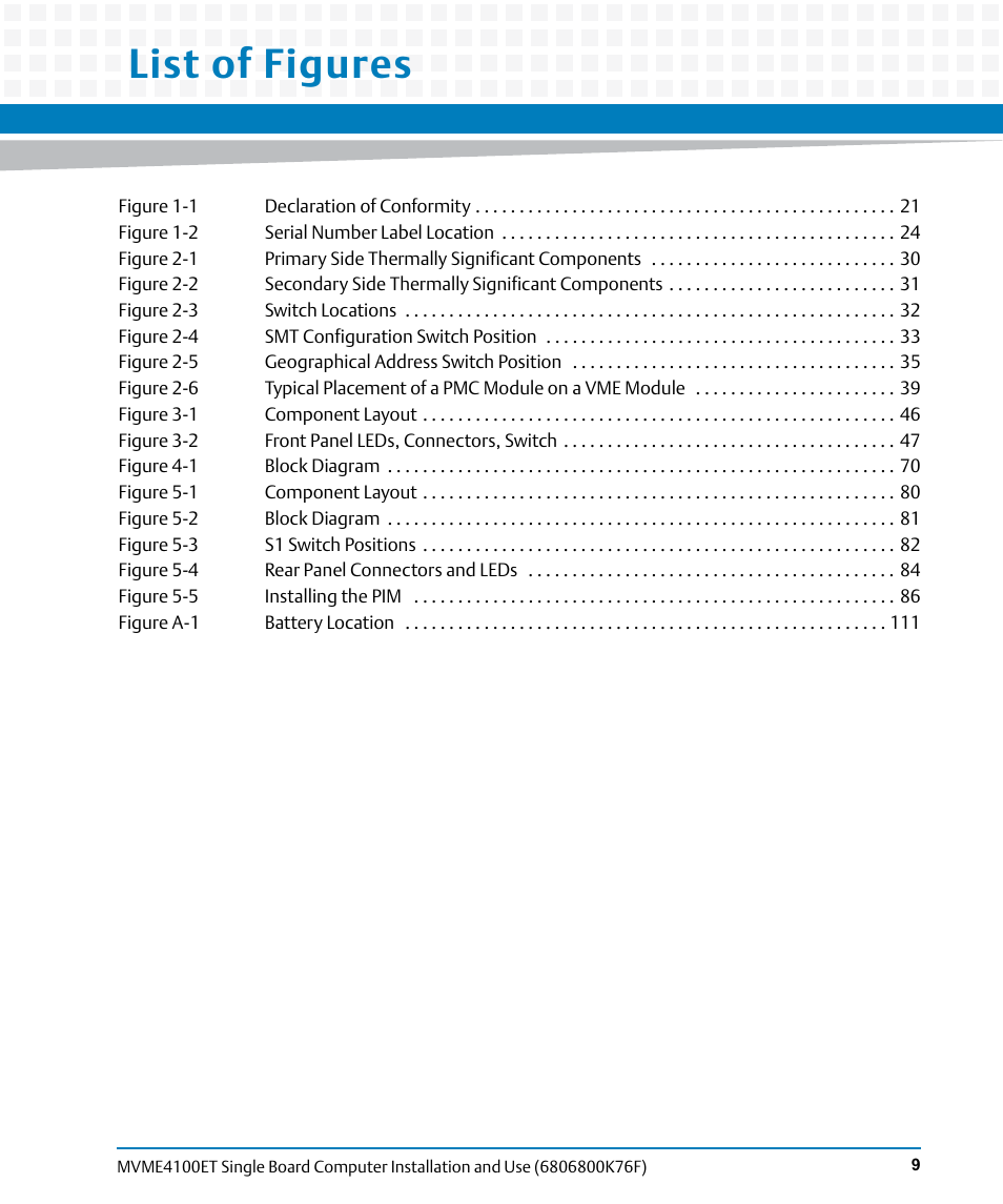 List of figures | Artesyn MVME4100ET Single Board Computer Installation and Use (June 2014) User Manual | Page 9 / 132