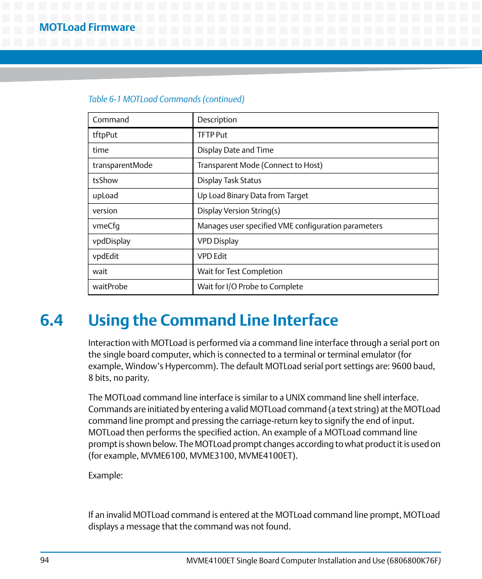 4 using the command line interface, Motload firmware | Artesyn MVME4100ET Single Board Computer Installation and Use (June 2014) User Manual | Page 94 / 132