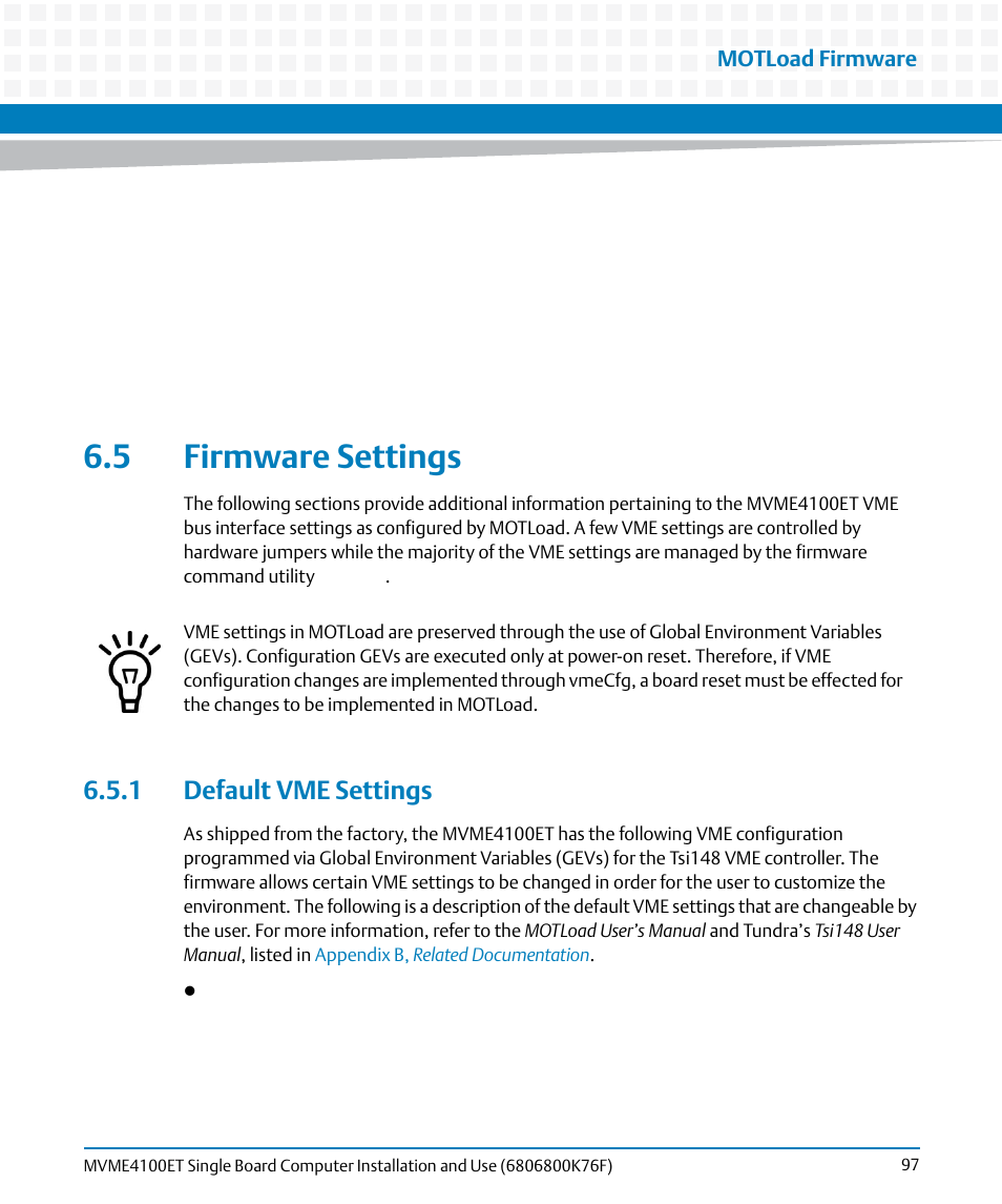 5 firmware settings, 1 default vme settings, Motload firmware | Artesyn MVME4100ET Single Board Computer Installation and Use (June 2014) User Manual | Page 97 / 132