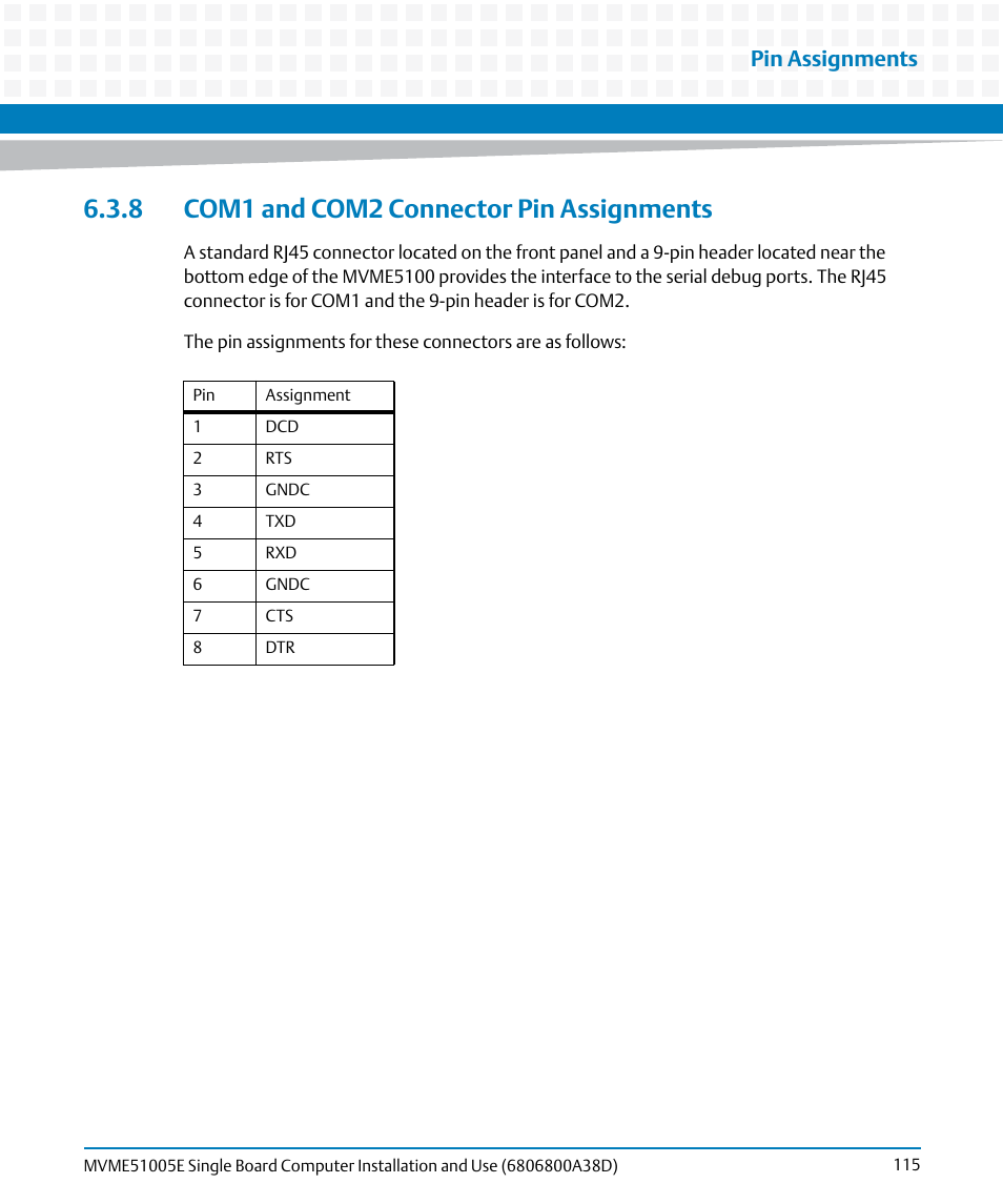 8 com1 and com2 connector pin assignments, Pin assignments | Artesyn MVME51005E SBC Installation and Use (July 2014) User Manual | Page 113 / 150