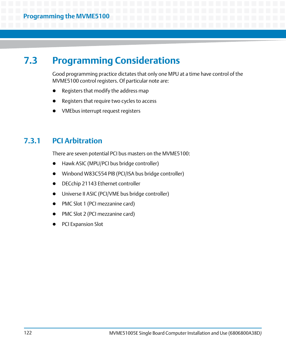 3 programming considerations, 1 pci arbitration | Artesyn MVME51005E SBC Installation and Use (July 2014) User Manual | Page 120 / 150