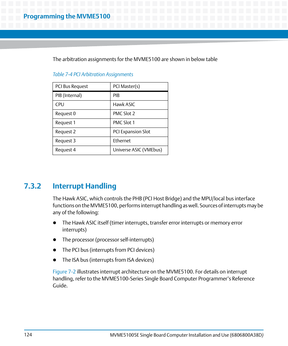 2 interrupt handling, Table 7-4, Pci arbitration assignments | Programming the mvme5100 | Artesyn MVME51005E SBC Installation and Use (July 2014) User Manual | Page 122 / 150