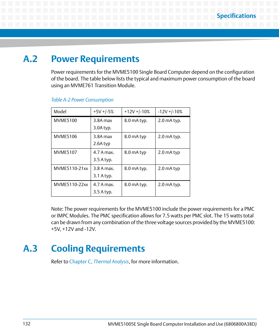A.2 power requirements, A.3 cooling requirements, A.2 power requirements a.3 cooling requirements | Table a-2, Power consumption, Specifications | Artesyn MVME51005E SBC Installation and Use (July 2014) User Manual | Page 130 / 150