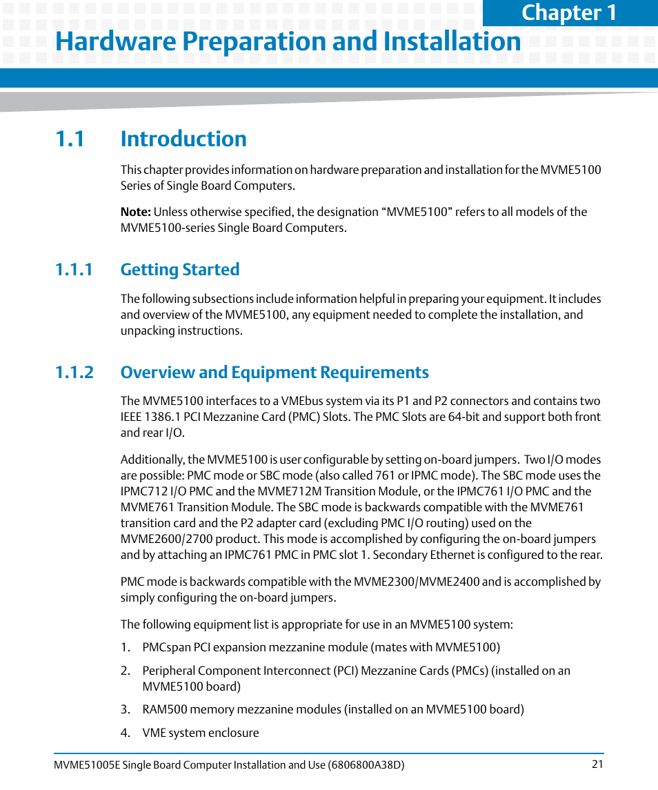 Hardware preparation and installation, 1 introduction, 1 getting started | 2 overview and equipment requirements, Chapter 1 | Artesyn MVME51005E SBC Installation and Use (July 2014) User Manual | Page 19 / 150