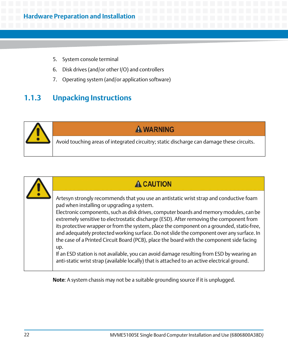 3 unpacking instructions | Artesyn MVME51005E SBC Installation and Use (July 2014) User Manual | Page 20 / 150