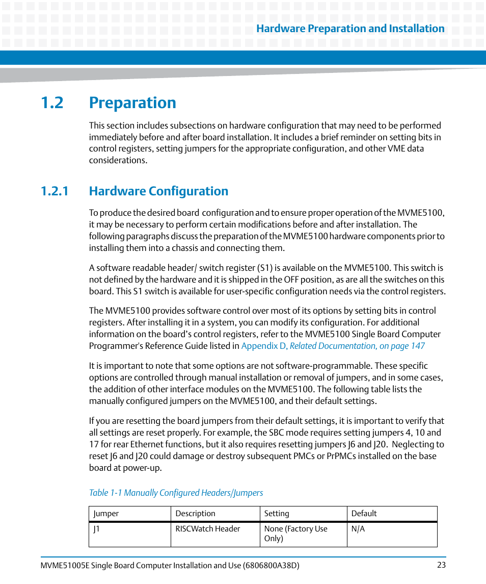 2 preparation, 1 hardware configuration, Table 1-1 | Manually configured headers/jumpers | Artesyn MVME51005E SBC Installation and Use (July 2014) User Manual | Page 21 / 150