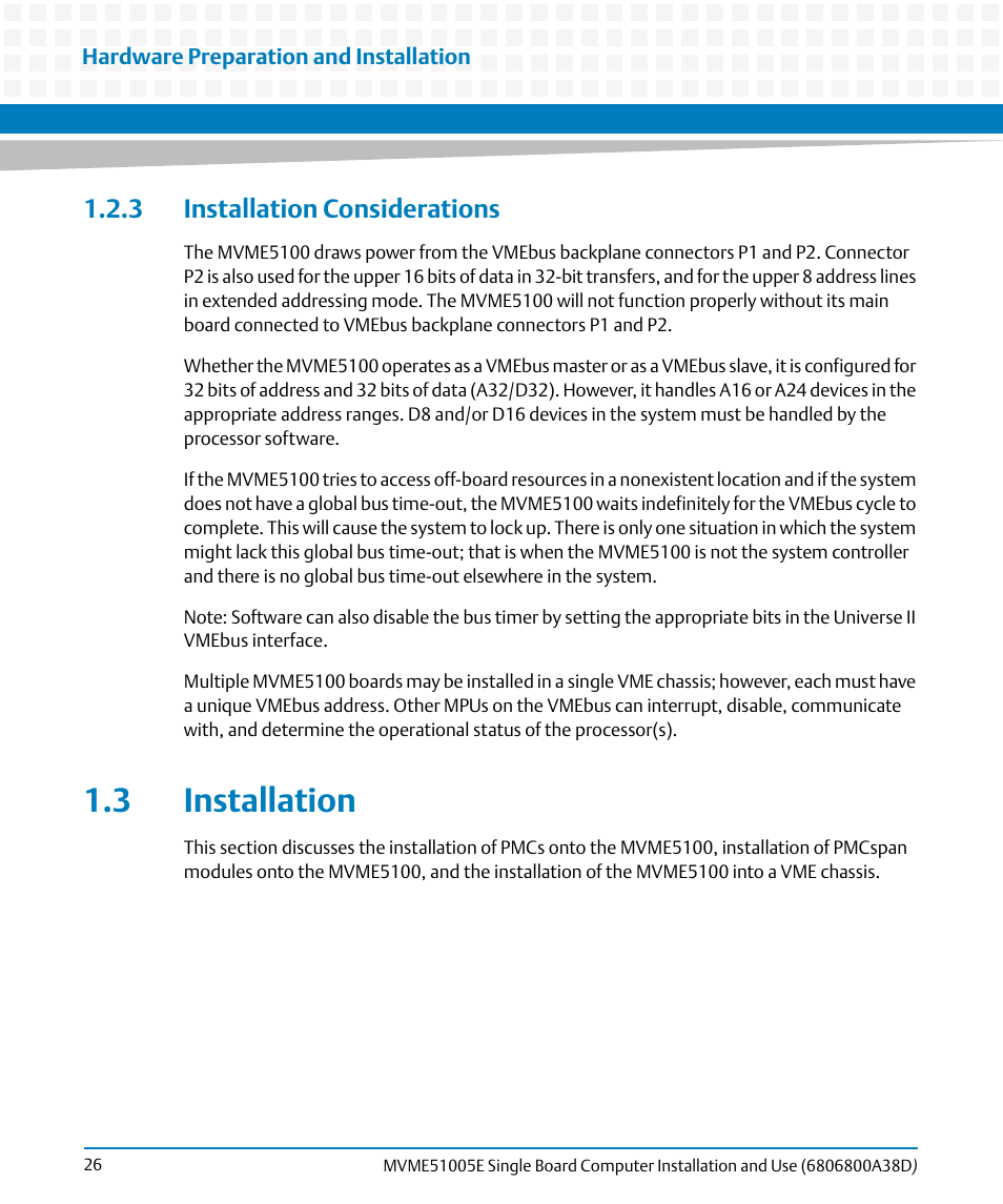 3 installation considerations, 3 installation | Artesyn MVME51005E SBC Installation and Use (July 2014) User Manual | Page 24 / 150