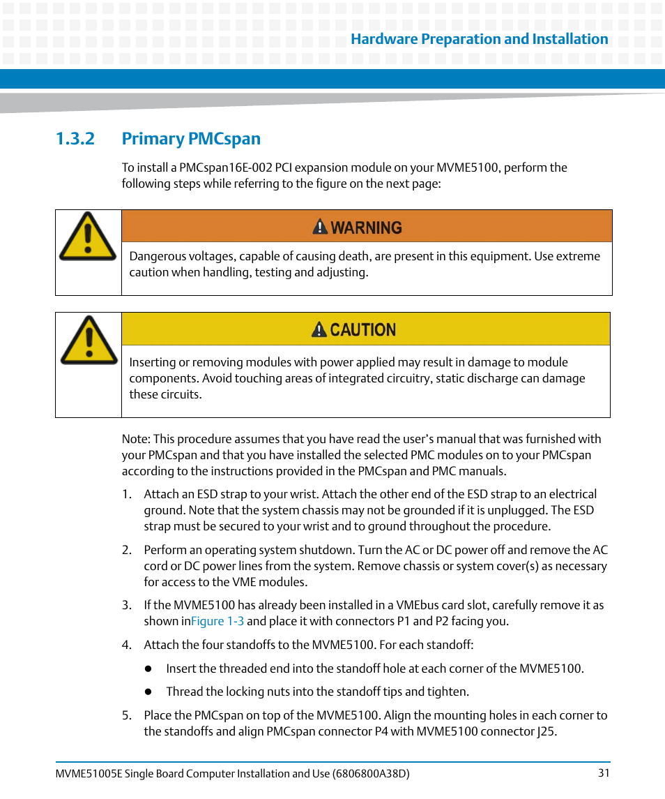 2 primary pmcspan, Hardware preparation and installation | Artesyn MVME51005E SBC Installation and Use (July 2014) User Manual | Page 29 / 150