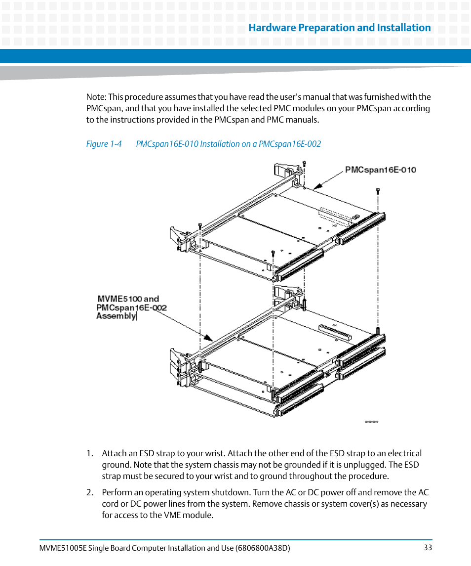 Figure 1-4, Pmcspan16e-010 installation on a pmcspan16e-002, Hardware preparation and installation | Artesyn MVME51005E SBC Installation and Use (July 2014) User Manual | Page 31 / 150