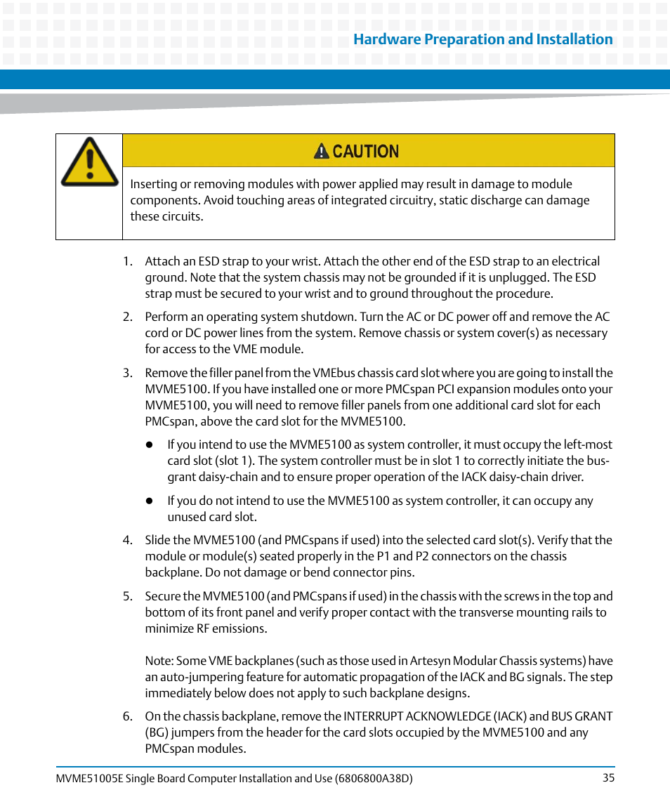 Hardware preparation and installation | Artesyn MVME51005E SBC Installation and Use (July 2014) User Manual | Page 33 / 150