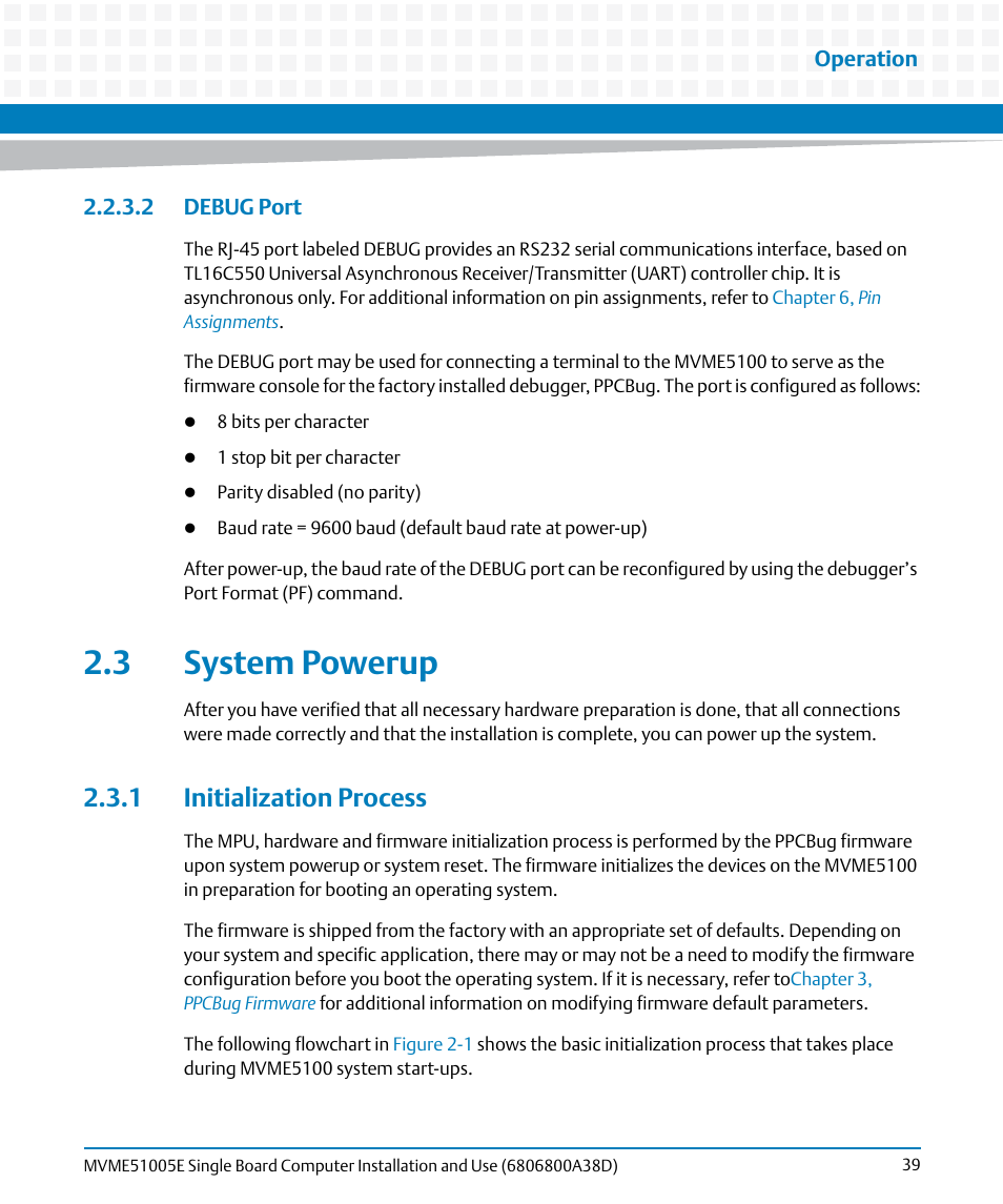 2 debug port, 3 system powerup, 1 initialization process | Artesyn MVME51005E SBC Installation and Use (July 2014) User Manual | Page 37 / 150