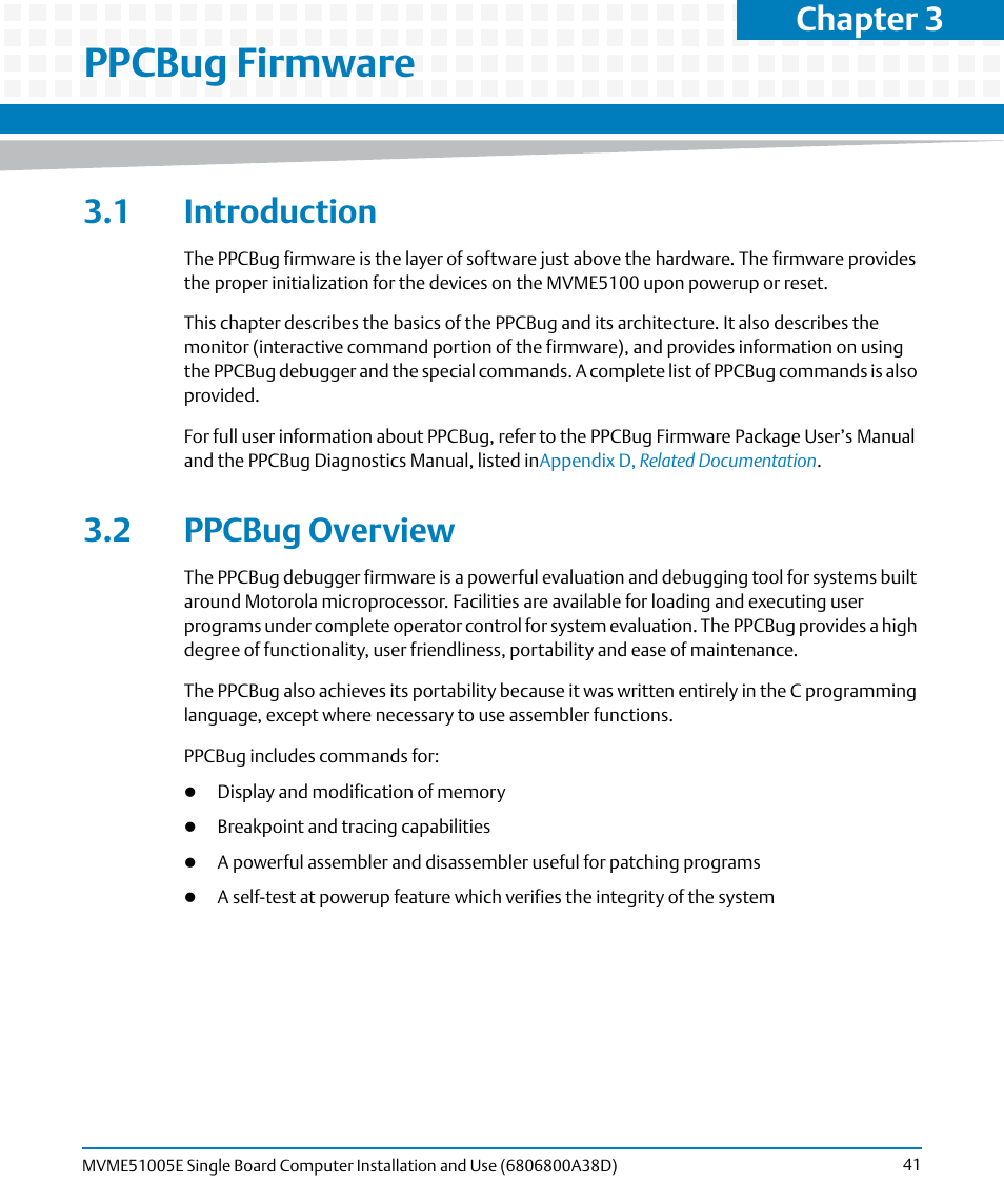 Ppcbug firmware, 1 introduction, 2 ppcbug overview | 1 introduction 3.2 ppcbug overview, Chapter 3, ppcbug firmware, Chapter 3 | Artesyn MVME51005E SBC Installation and Use (July 2014) User Manual | Page 39 / 150