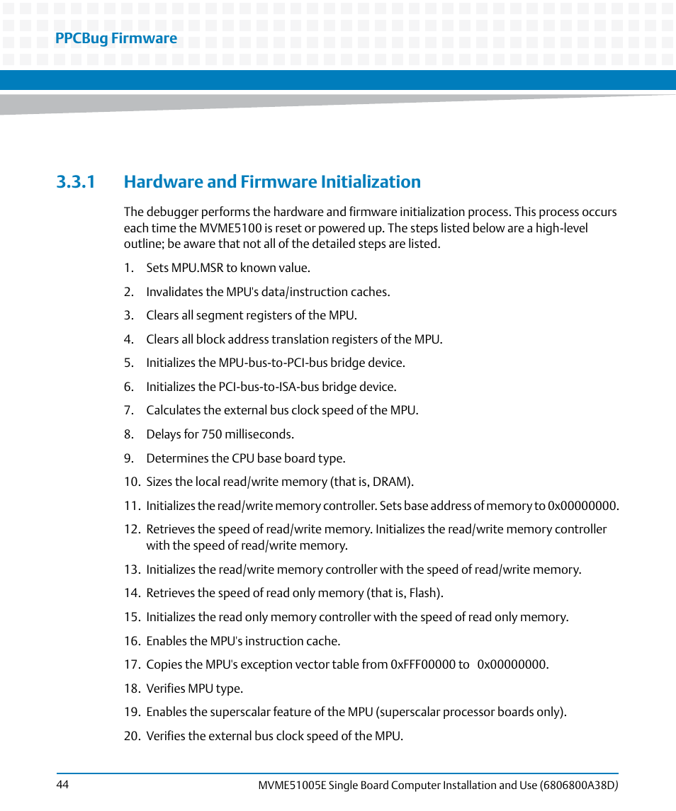 1 hardware and firmware initialization, Ppcbug firmware | Artesyn MVME51005E SBC Installation and Use (July 2014) User Manual | Page 42 / 150