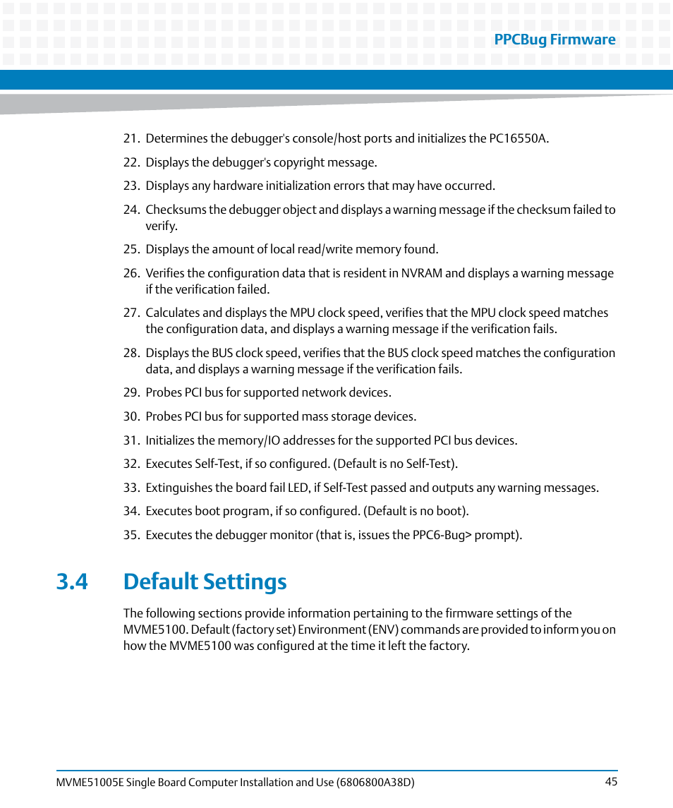 4 default settings | Artesyn MVME51005E SBC Installation and Use (July 2014) User Manual | Page 43 / 150