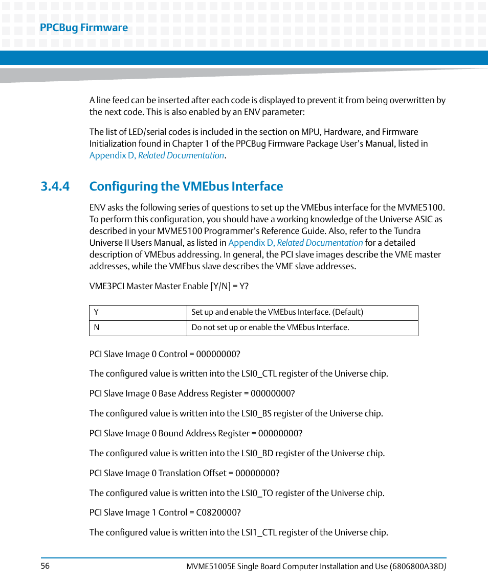 4 configuring the vmebus interface, Ppcbug firmware | Artesyn MVME51005E SBC Installation and Use (July 2014) User Manual | Page 54 / 150
