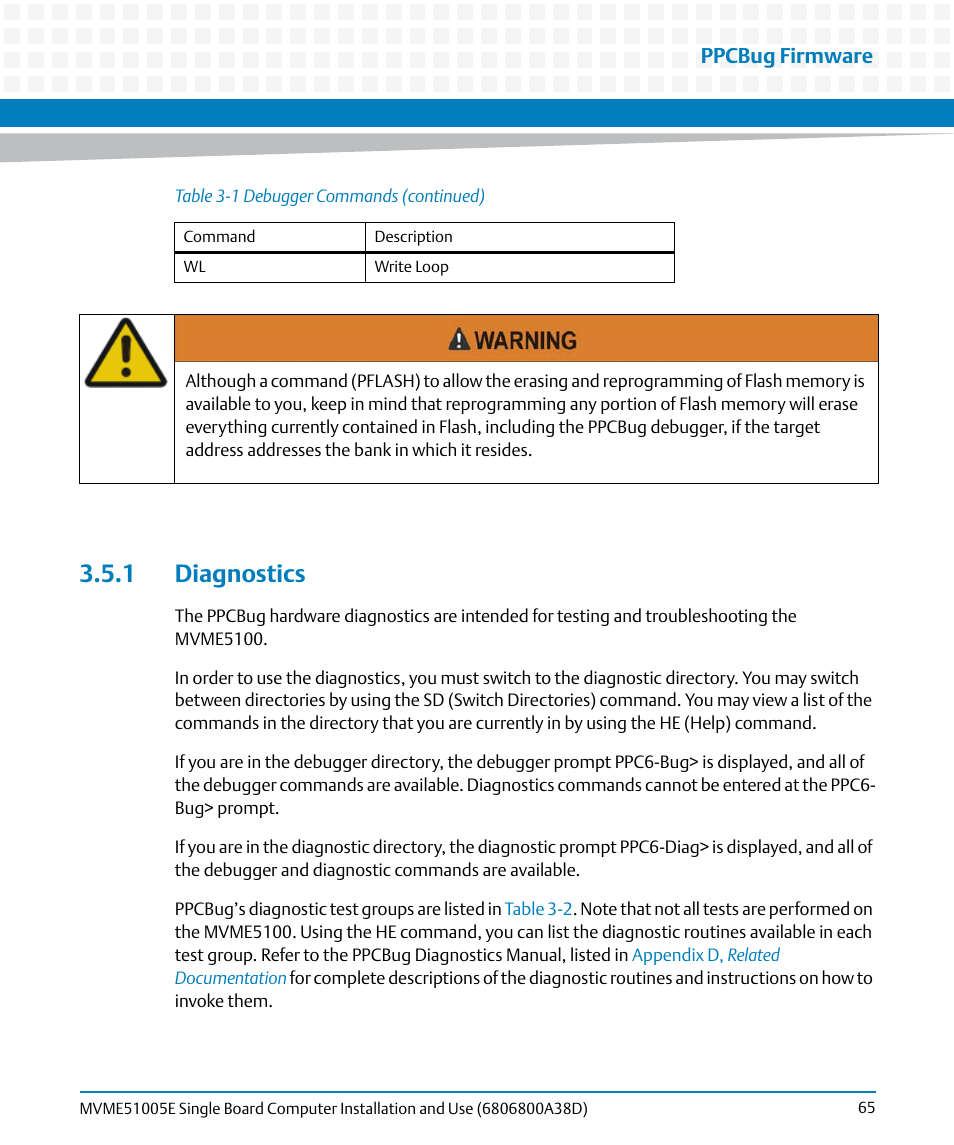 1 diagnostics, Ppcbug firmware | Artesyn MVME51005E SBC Installation and Use (July 2014) User Manual | Page 63 / 150
