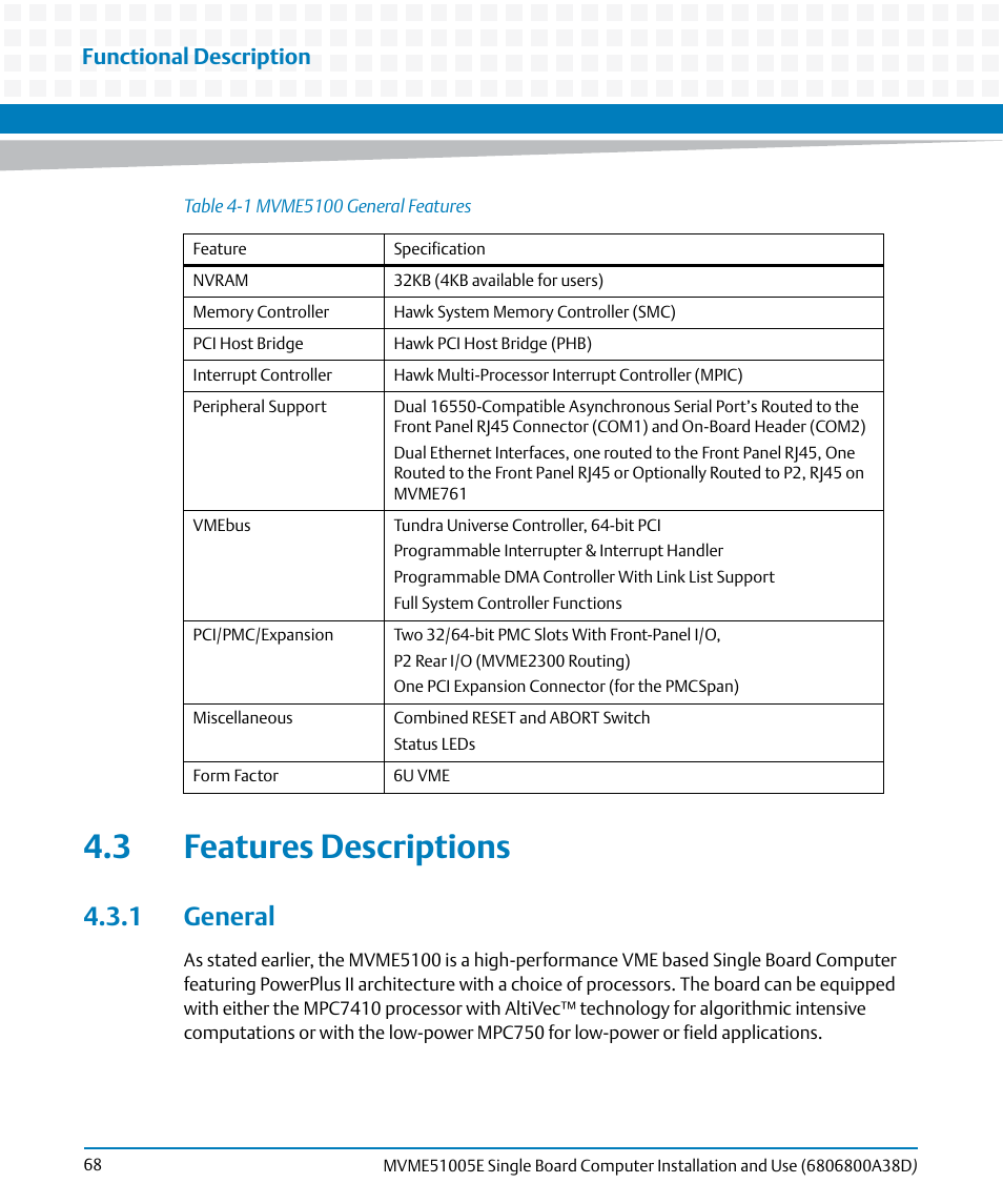3 features descriptions, 1 general, Functional description | Artesyn MVME51005E SBC Installation and Use (July 2014) User Manual | Page 66 / 150